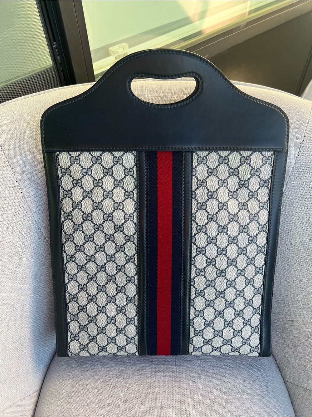Gucci Old Sherry Line GG Logo Leather Handbag Tote Red Navy blue